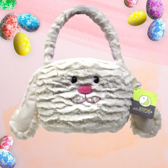 Animal Adventure WHITE BUNNY PLUSH EASTER BASKET w/ Handle Rabbit Ears NEW - Picture 1 of 2